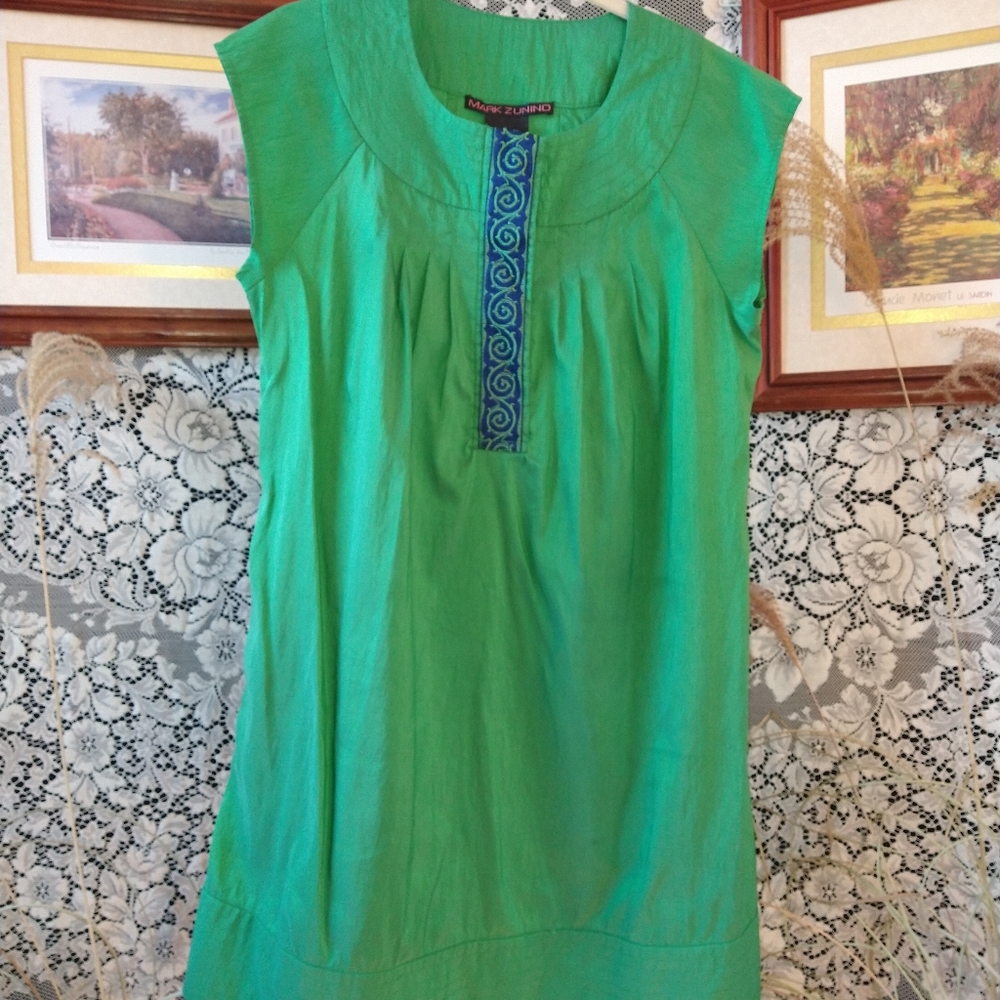 Mark Zunino green with blue boho dress embroidery design sleeveless shiny pleats